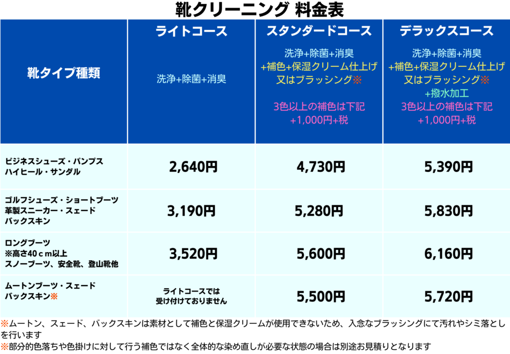 高品質洗浄！靴クリーニング、補色、染色お任せください！地域最安値で、ビジネスシューズ、パンプス、サンダル、ゴルフシューズ、ショートブーツスェード、バックスキン、ロングブーツ、スノーブーツ、ムートンブーツ、安全靴、それぞれの料金表と、クリーニングコースについての概要解説表